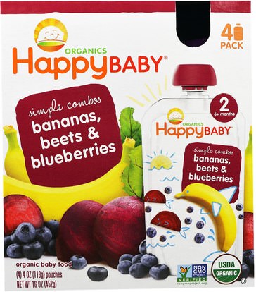 Nurture Inc. (Happy Baby), Organic Baby Food, Stage 2, Simple Combos, Bananas, Beets & Blueberries, 4 Pouches - 4 oz (113 g) Each ,صحة الأطفال، والأغذية للأطفال