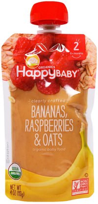 Nurture Inc. (Happy Baby), Organic Baby Food, Stage 2, Clearly Crafted, Bananas, Raspberries & Oats, 6+ Months, 4 oz (113 g) ,صحة الطفل، تغذية الطفل، الغذاء، أطفال الأطعمة