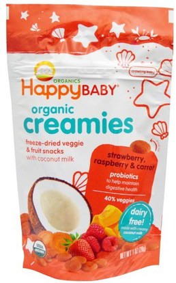 Nurture Inc. (Happy Baby), Organic Creamies, Freeze-Dried Veggie & Fruit Snacks, Strawberry, Raspberry & Carrot, 1 oz (28 g) ,صحة الطفل، تغذية الطفل، وجبات خفيفة الطفل والأصبع الأطعمة