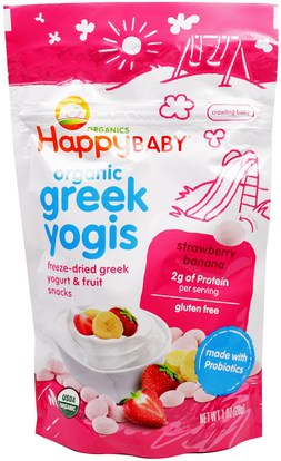 Nurture Inc. (Happy Baby), Organic Greek Yogis, Strawberry Banana, 1 oz (28 g) ,صحة الطفل، تغذية الطفل، وجبات خفيفة الطفل والأصبع الأطعمة