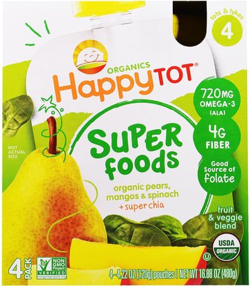 Nurture Inc. (Happy Baby), Organic HappyTot, Super Foods, Organic Pears, Mango & Spinach + Super Chia, Stage 4, 4 Pack, 4.22 oz (120 g) Each ,صحة الأطفال، والأغذية للأطفال