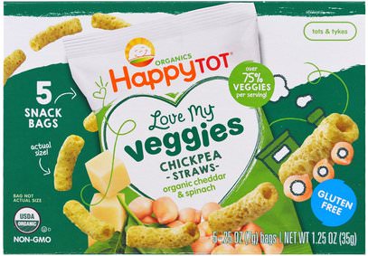 Nurture Inc. (Happy Baby), Organics Happy Tot, Love My Veggies, Chickpea Straws Snack Bags, Organic Cheddar & Spinach, 5 Bags, 0.25 oz (7 g) Each ,صحة الطفل، تغذية الطفل، وجبات خفيفة الطفل والأصبع الأطعمة