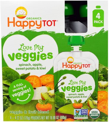 Nurture Inc. (Happy Baby), Organics Happy Tot, Love My Veggies, Spinach, Apple, Sweet Potato & Kiwi, 4 Pouches - 4.22 oz (120 g) Each ,صحة الأطفال، والأغذية للأطفال