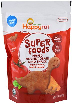 Nurture Inc. (Happy Baby), Organics Happy Tot, Super Foods, Puffed Ancient Grain Dino Snack, Organic Tomato, Basil & Cheddar, 1.48 oz (42 g) ,صحة الطفل، تغذية الطفل، وجبات خفيفة الطفل والأصبع الأطعمة