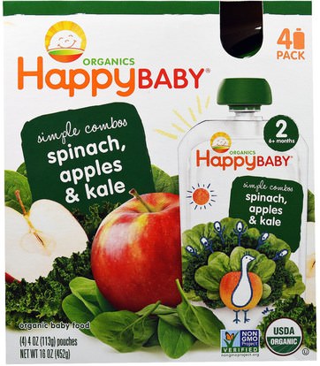 Nurture Inc. (Happy Baby), Organic Baby Food, Stage 2, Simple Combos, Spinach, Apples & Kale, 4 Pouches, 4 oz (113 g) Each ,صحة الأطفال، والأغذية للأطفال