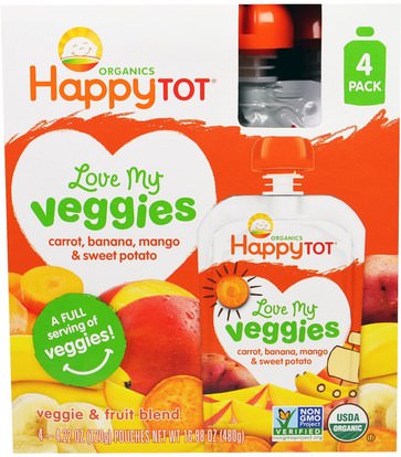 Nurture Inc. (Happy Baby), Organics, Love My Veggies, Carrot, Banana, Mango & Sweet Potato, 4 Pouches - 4.22 oz (120 g) Each ,صحة الأطفال، والأغذية للأطفال