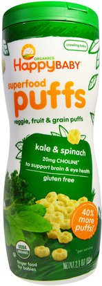 Nurture Inc. (Happy Baby), Organics, Superfood Puffs, Veggie, Fruit & Grain, Kale & Spinach, 2.1 oz (60 g) ,صحة الطفل، تغذية الطفل، وجبات خفيفة الطفل والأصبع الأطعمة