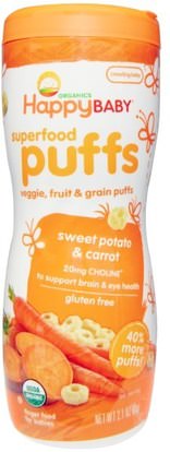 Nurture Inc. (Happy Baby), Organics, Superfood Puffs, Sweet Potato & Carrot, 2.1 oz (60 g) ,صحة الطفل، تغذية الطفل، وجبات خفيفة الطفل والأصبع الأطعمة