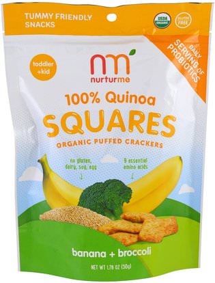 NurturMe, 100% Quinoa Squares, Organic Puffed Crackers, Banana + Broccoli, 1.76 oz (50 g) ,صحة الطفل، تغذية الطفل، وجبات خفيفة الطفل والأصبع الأطعمة، طفل وجبات خفيفة، أطفال الأطعمة