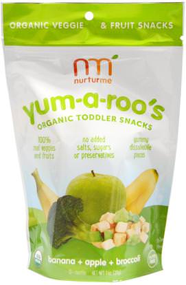 NurturMe, Organic Toddler Snacks, Yum-A-Roos, Banana + Apple + Broccoli, 1 oz (28 g) ,صحة الطفل، تغذية الطفل، وجبات خفيفة الطفل والأصبع الأطعمة، طفل وجبات خفيفة، أطفال الأطعمة