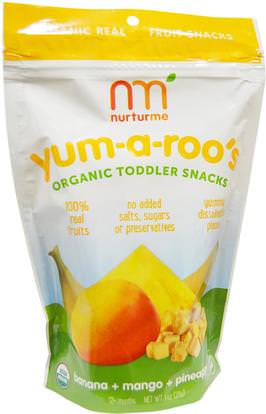 NurturMe, Organic, Toddler Snacks, Yum-A-Roos, Banana + Mango + Pineapple, 1 oz (28 g) ,صحة الطفل، تغذية الطفل، وجبات خفيفة الطفل والأصبع الأطعمة، نفث، طفل وجبات خفيفة
