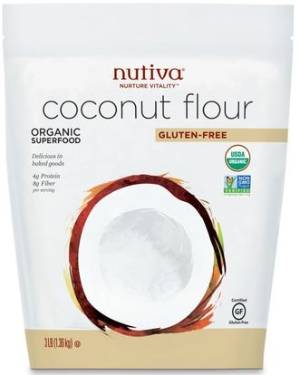 Nutiva, Coconut Flour, Gluten Free, 3 lb (1.36 kg) ,الغذاء والدقيق و يمزج، دقيق جوز الهند