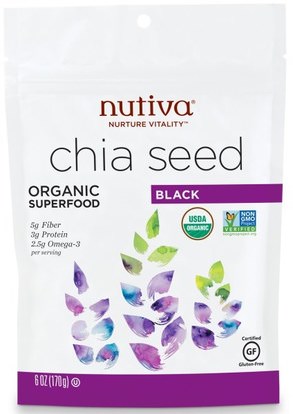 Nutiva, Organic Chia Seed, Black, 6 oz (170 g) ,المكملات الغذائية، إيفا أوميجا 3 6 9 (إيبا دا)، بذور شيا، بذور نوتيفا شيا