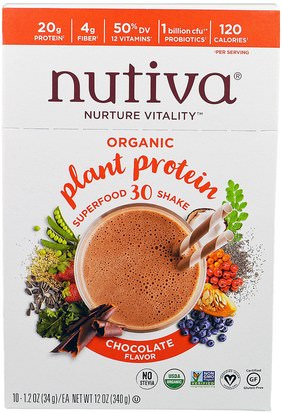 Nutiva, Organic Plant Protein, Chocolate Flavor, 10 Packets, 1.2 oz (34 g) Each ,والمكملات الغذائية، والبروتين