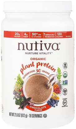 Nutiva, Organic Plant Protein, Chocolate Flavor, 21.6 oz (612 g) ,والمكملات الغذائية، والبروتين