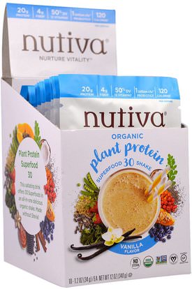 Nutiva, Organic Plant Protein, Vanilla Flavor, 10 Packets, 1.2 oz (34 g) Each ,والمكملات الغذائية، والبروتين