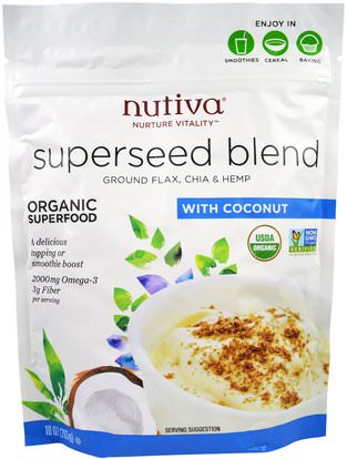 Nutiva, Organic Superseed Blend, With Coconut, 10 oz (283 g) ,المكملات الغذائية، بذور الكتان، إيفا أوميجا 3 6 9 (إيبا دا)، بذور شيا