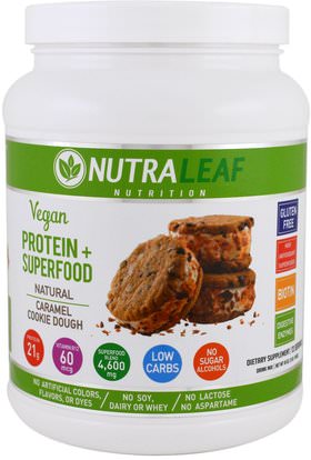 NutraLeaf Nutrition, Protein + Superfood Drink Mix, Vegan, Natural Caramel Cookie Dough, 16 oz (454 g) ,والمكملات الغذائية، سوبرفوودس، والرياضة