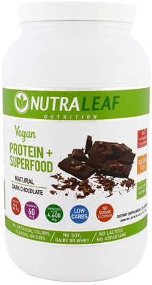NutraLeaf Nutrition, Vegan Protein + Superfood, Natural Dark Chocolate, 35.4 oz (1005 g) ,والمكملات الغذائية، سوبرفوودس، والرياضة