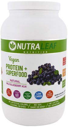 NutraLeaf Nutrition, Vegan Protein + Superfood, Natural Wild Blueberry Acai, 37.4 oz (1,050 g) ,والمكملات الغذائية، سوبرفوودس، والرياضة