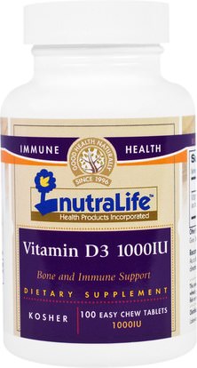 NutraLife, Vitamin D3, 1000 IU, 100 Easy Chew Tablets ,الفيتامينات، فيتامين d3