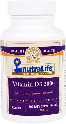 NutraLife, Vitamin D3, 2000 IU, 200 Easy Chew Tablets ,الفيتامينات، فيتامين d3، العظام، هشاشة العظام