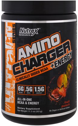 Nutrex Research Labs, Amino Charger + Energy, Fruit Punch, 11.3 oz (321 g) ,والرياضة، والأحماض الأمينية، بكا (متفرعة سلسلة الأحماض الأمينية)