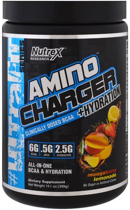 Nutrex Research Labs, Amino Charger + Hydration, Mango Berry Lemonade, 14.1 oz (399 g) ,والرياضة، والأحماض الأمينية، بكا (متفرعة سلسلة الأحماض الأمينية)