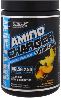 Nutrex Research Labs, Amino Charger + Hydration, Peach Pineapple, 12.7 oz (360 g) ,والرياضة، والأحماض الأمينية، بكا (متفرعة سلسلة الأحماض الأمينية)