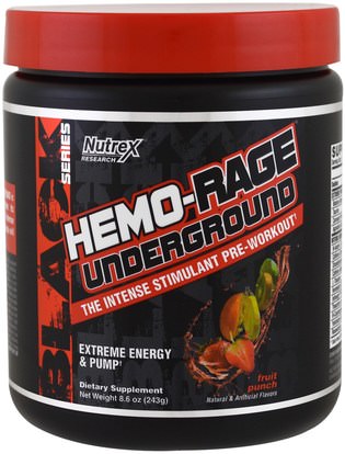 Nutrex Research Labs, Black Series, Hemo-Rage Underground, Fruit Punch, 8.6 oz (243 g) ,والصحة، والطاقة، والرياضة، تجريب