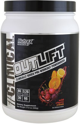 Nutrex Research Labs, Clinical Edge, Outlift, Pre-Workout Powerhouse, Wild Cherry Citrus, 17.8 oz (506 g) ,الرياضة، تجريب، العضلات