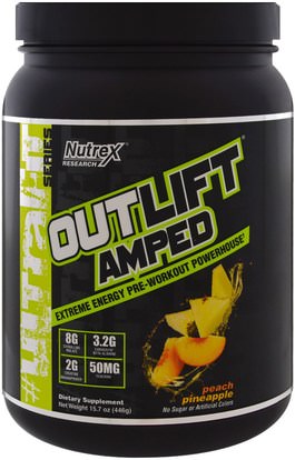 Nutrex Research Labs, Outlift Amped, Pre-Workout Powerhouse, Peach Pineapple, 15.7 oz (446 g) ,والرياضة، تجريب