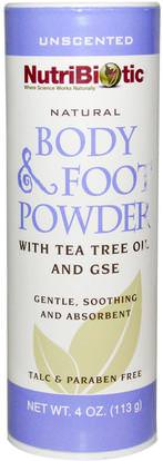 NutriBiotic, Natural Body & Foot Powder, Unscented, 4 oz (113 g) ,الصحة، الجلد، شجرة الشاي، منتجات شجرة الشاي، حمام، الجمال، قدم الرعاية القدم
