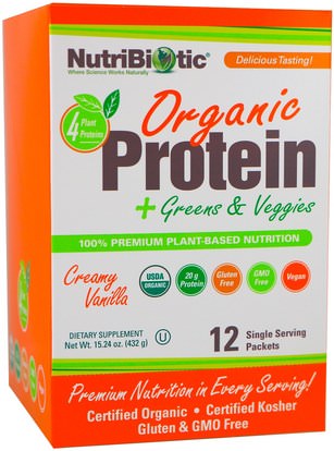 NutriBiotic, Organic Protein + Greens & Veggies, Creamy Vanilla, 12 Single Serving Packets, 1.26 oz (36 g) Each ,والمكملات الغذائية، والبروتين