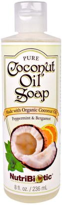 NutriBiotic, Pure Coconut Oil Soap, Peppermint & Bergamot, 8 fl oz (236 ml) ,حمام، الجمال، الصابون، هلام الاستحمام