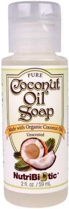 NutriBiotic, Pure Coconut Oil Soap, Unscented, 2 fl oz (59 ml) ,حمام، الجمال، الصابون، هلام الاستحمام