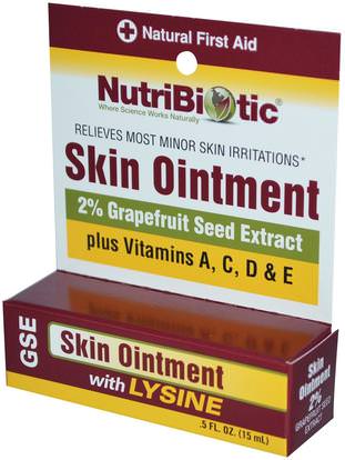 NutriBiotic, Skin Ointment, 2% Grapefruit Seed Extract with Lysine.5 fl oz (15 ml) ,المكملات الغذائية، استخراج بذور الجريب فروت