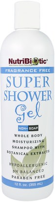 NutriBiotic, Super Shower Gel, Fragrance Free, Non-Soap, 12 fl oz (355 ml) ,حمام، الجمال، هلام الاستحمام
