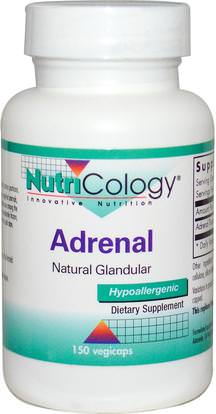 Nutricology, Adrenal, Natural Glandular, 150 Veggie Caps ,المكملات الغذائية، الكظرية، منتجات الأبقار