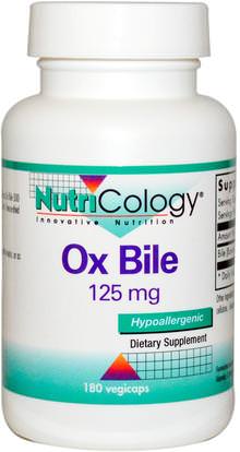Nutricology, Ox Bile, 125 mg, 180 Vegicaps ,المكملات الغذائية، منتجات الأبقار، الإنزيمات، حمض الصفراء
