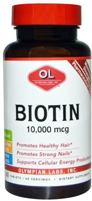 Olympian Labs Inc., Biotin, 10,000 mcg, 60 Tablets ,الفيتامينات، فيتامين ب، البيوتين