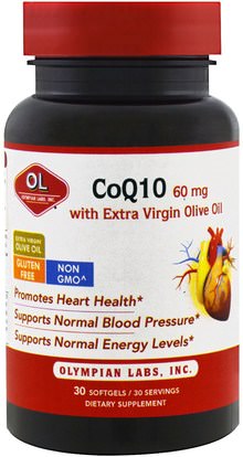 Olympian Labs Inc., CoQ10 with Extra Virgin Olive Oil, 60 mg, 30 Softgels ,المكملات الغذائية، مضادات الأكسدة، أنزيم q10
