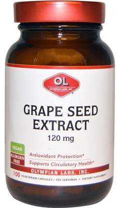 Olympian Labs Inc., Grape Seed Extract, 120 mg, 100 Vegetarian Capsules ,المكملات الغذائية، مضادات الأكسدة، استخراج بذور العنب