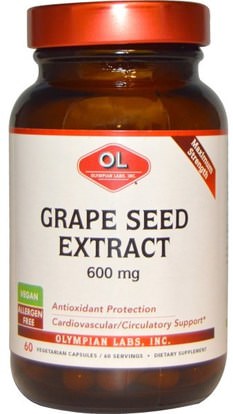Olympian Labs Inc., Grape Seed Extract, Maximum Strength, 600 mg, 60 Vegetarian Capsules ,المكملات الغذائية، مضادات الأكسدة، استخراج بذور العنب