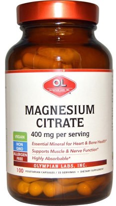 Olympian Labs Inc., Magnesium Citrate, 400 mg, 100 Veggie Caps ,المكملات الغذائية، والمعادن، سيترات المغنيسيوم