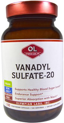 Olympian Labs Inc., Vanadyl Sulfate-20, 100 Veggie Caps ,الصحة، نسبة السكر في الدم، المكملات الغذائية، فاناديوم كبريتات الفاناديوم