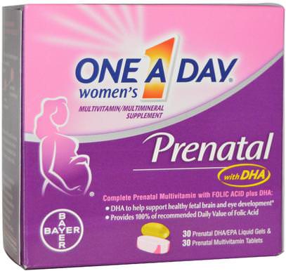 One-A-Day, Womens Prenatal, with DHA, 2 Bottles, 30 Liquid Gels/30 Tablets ,المكملات الغذائية، إيفا أوميجا 3 6 9 (إيبا دا)، دا، إيبا، فيتامينات، مولتيفيتامينز قبل الولادة