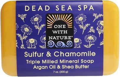 One with Nature, Triple Milled Mineral Soap, Sulfur & Chamomile, 7 oz (200 g) ,حمام، الجمال، الصابون