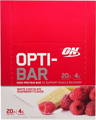 Optimum Nutrition, Opti-Bar High Protein Bar, White Chocolate Raspberry, 12 Bars, 2.1 oz (60 g) Each ,رياضات