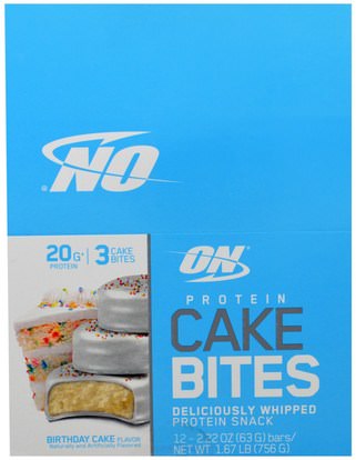 Optimum Nutrition, Protein Cake Bites, Birthday Cake, 12 Bars, 2.22 oz (63 g) Each ,والمكملات الغذائية، والحانات الغذائية، والرياضة